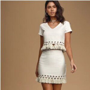 Lulus  Belinda Beige Tassel Mini Skirt and Crop Top - Size Medium - NWT